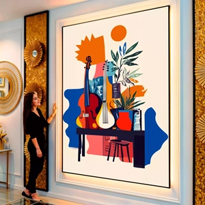 Quadro Música Harmonia de Instrumentos e Natureza Viva visto de frente, exibindo sua moldura e sua arte.