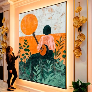 Quadro Música Serenidade ao Pôr do Sol Vibrante visto de frente, exibindo sua moldura e sua arte.
