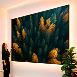 Quadro Natureza em Tons de Outono e Verde visto de frente, exibindo sua moldura e sua arte.