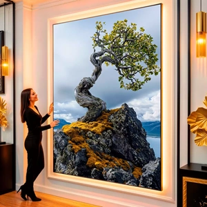 Quadro Natureza Resiliente em Escarpas Desafiadoras e Solitárias visto de frente, exibindo sua moldura e sua arte.