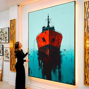 Quadro Navio Cargueiro em Pintura Abstrata visto de frente, exibindo sua moldura e sua arte.