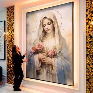 Quadro Nossa Senhora em Cores Delicadas visto de frente, exibindo sua moldura e sua arte.