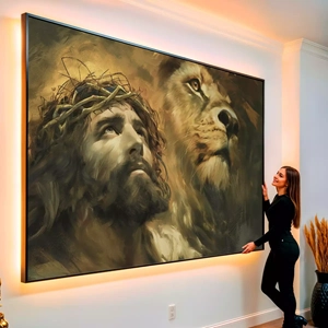 Quadro O Leão da Tribo de Judá visto de frente, exibindo sua moldura e sua arte.