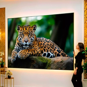 Quadro Onça na Floresta visto de frente, exibindo sua moldura e sua arte.