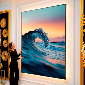 Quadro Ondas do Mar Abraçando o Pôr do Sol visto de frente, exibindo sua moldura e sua arte.