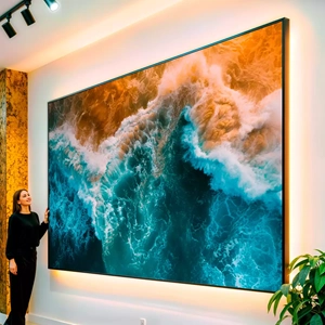 Quadro Ondas do Mar Em Cores Vibrantes visto de frente, exibindo sua moldura e sua arte.
