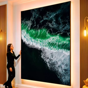 Quadro Ondas do Mar Iluminando a Noite visto de frente, exibindo sua moldura e sua arte.