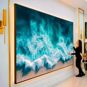 Quadro Ondas do Mar Revelando Mistérios Submersos visto de frente, exibindo sua moldura e sua arte.
