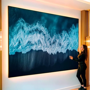Quadro Ondas do Mar Sussurrando Segredos Profundos visto de frente, exibindo sua moldura e sua arte.
