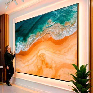 Quadro Ondas do Mar Tocando Areias Douradas visto de frente, exibindo sua moldura e sua arte.