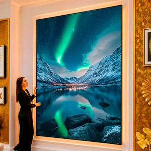 Quadro Paisagem de Aurora Boreal no Céu Ártico visto de frente, exibindo sua moldura e sua arte.