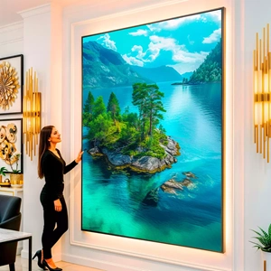 Quadro Paisagem de Ilhas Serenas e Montanhas Majestosas visto de frente, exibindo sua moldura e sua arte.