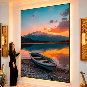 Quadro Paisagem de Montanhas ao Crepúsculo Refletido visto de frente, exibindo sua moldura e sua arte.