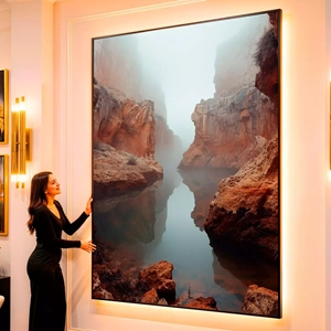 Quadro Paisagem de Névoa nos Cânions Misteriosos visto de frente, exibindo sua moldura e sua arte.