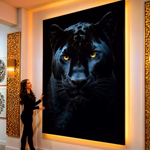 Quadro Pantera Negra nas Sombras visto de frente, exibindo sua moldura e sua arte.