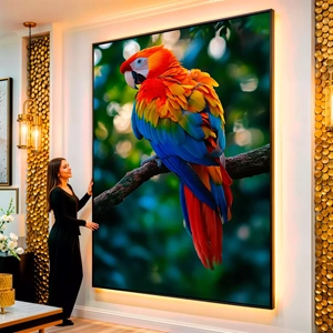 Quadro Papagaio na Natureza visto de frente, exibindo sua moldura e sua arte.