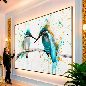 Quadro Pássaros Em Pintura Abstrata visto de frente, exibindo sua moldura e sua arte.