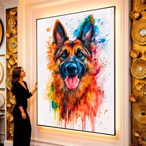Quadro Pastor Alemão em Harmonia Cromática visto de frente, exibindo sua moldura e sua arte.