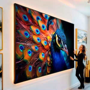 Quadro Pavão Majestoso visto de frente, exibindo sua moldura e sua arte.