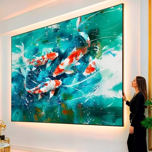 Quadro Peixes Dançam em Correntes Coloridas visto de frente, exibindo sua moldura e sua arte.
