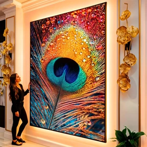 Quadro Pena de Pavão Com Gotas de Orvalho visto de frente, exibindo sua moldura e sua arte.