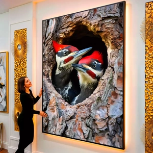 Quadro Pica Pau na Toca visto de frente, exibindo sua moldura e sua arte.