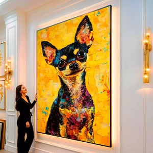 Quadro Pinscher Brilhante em Cores Vivas visto de frente, exibindo sua moldura e sua arte.