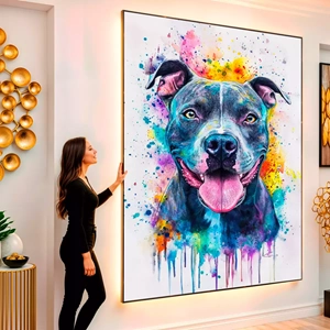 Quadro Pitbull Watercolor visto de frente, exibindo sua moldura e sua arte.