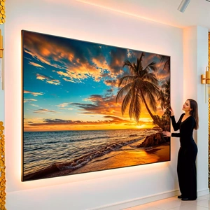 Quadro Praia de Horizonte Dourado ao Entardecer visto de frente, exibindo sua moldura e sua arte.