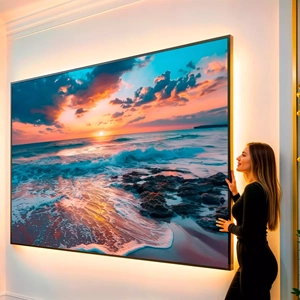 Quadro Praia do Crepúsculo em Cores Vibrantes visto de frente, exibindo sua moldura e sua arte.