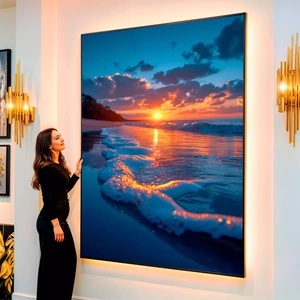 Quadro Praia do Espetáculo do Pôr do Sol visto de frente, exibindo sua moldura e sua arte.