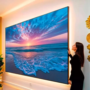 Quadro Praia do Horizonte em Tons Mágicos visto de frente, exibindo sua moldura e sua arte.