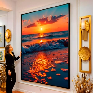 Quadro Praia do Sol Brilhante e Mar Sereno visto de frente, exibindo sua moldura e sua arte.