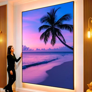 Quadro Praia dos Sonhos Rosados ao Entardecer visto de frente, exibindo sua moldura e sua arte.