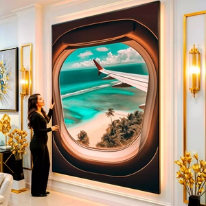 Quadro Praia dos Sonhos Vistos Pela Janela do Avião visto de frente, exibindo sua moldura e sua arte.