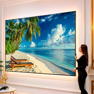 Quadro Praia Dourada do Crepúsculo Sereno visto de frente, exibindo sua moldura e sua arte.