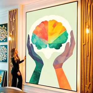 Quadro Psicologia Cromática Mente nas Paletas do Pensamento visto de frente, exibindo sua moldura e sua arte.