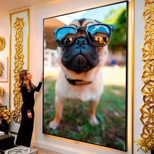 Quadro Pug Estiloso visto de frente, exibindo sua moldura e sua arte.