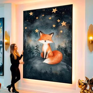 Quadro Raposa Infantil Sob as Estrelas visto de frente, exibindo sua moldura e sua arte.
