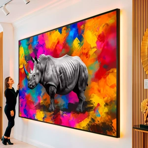 Quadro Rinoceronte visto de frente, exibindo sua moldura e sua arte.