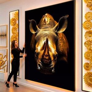 Quadro Rinoceronte Dourado visto de frente, exibindo sua moldura e sua arte.