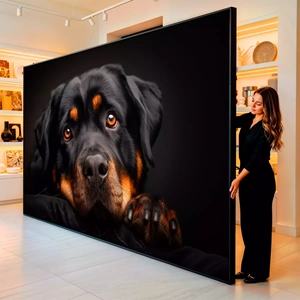 Quadro Rottweiler Gentil visto de frente, exibindo sua moldura e sua arte.
