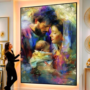 Quadro Sagrada Família Cercada Por Cores Divinas visto de frente, exibindo sua moldura e sua arte.