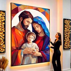 Quadro Sagrada Família em Formas Geométricas de Esperança Divina visto de frente, exibindo sua moldura e sua arte.