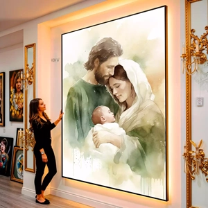 Quadro Sagrada Família em Paz e União visto de frente, exibindo sua moldura e sua arte.