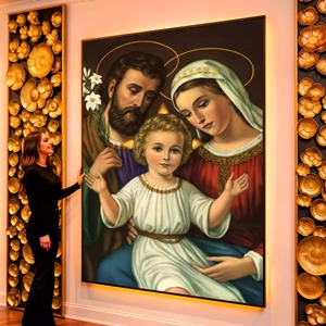 Quadro Sagrada Família em União Sagrada e Pura visto de frente, exibindo sua moldura e sua arte.