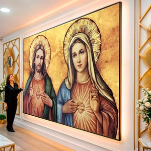 Quadro Sagrado Coração de Jesus e Imaculado Coração de Maria em Pintura a Óleo visto de frente, exibindo sua moldura e sua arte.
