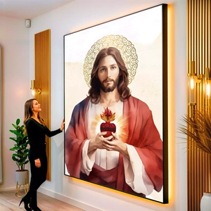 Quadro Sagrado Coração de Jesus Watercolor visto de frente, exibindo sua moldura e sua arte.