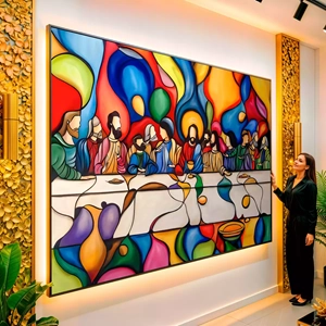 Quadro Santa Ceia Abstrata visto de frente, exibindo sua moldura e sua arte.
