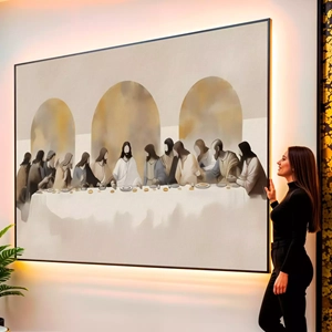 Quadro Santa Ceia em Contornos Definidos visto de frente, exibindo sua moldura e sua arte.